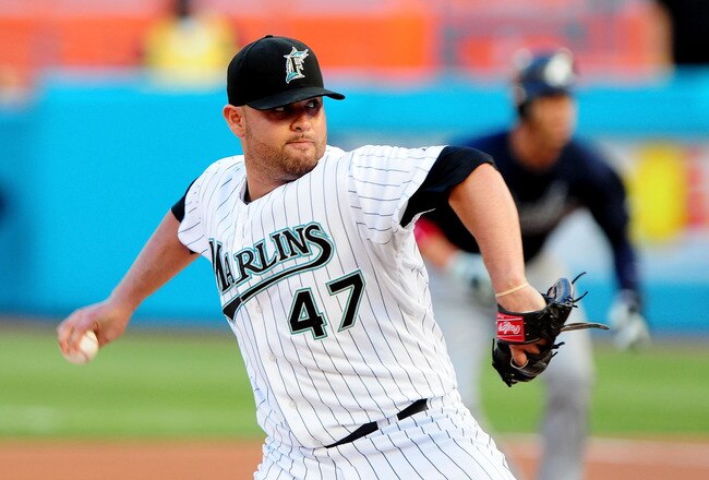 MIAMI GARDENS, FL - JUNE 08: Ricky Nolasco #47 of the Florida Marlins pitches against the Atlanta Braves at Sun Life Stadium on June 8, 2011 in Miami Gardens, Florida.  (Photo by Marc Serota/Getty Images)