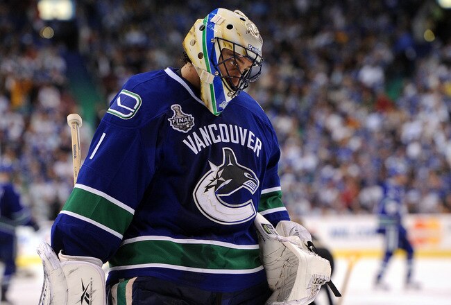 VANCOUVER, BC - JUNE 15:  Roberto Luongo #1 of the Vancouver Canucks looks on during Game Seven against the Boston Bruins in the 2011 NHL Stanley Cup Final at Rogers Arena on June 15, 2011 in Vancouver, British Columbia, Canada.  (Photo by Harry How/Getty Images)
