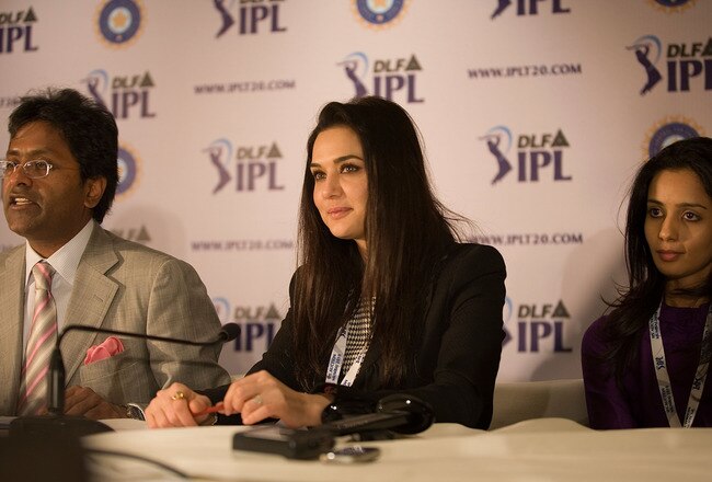 MUMBAI, INDIA - JANUARY 19:  Co-owner of Kings XI Punjab team Preity Zinta (C) with Commissioner and Chariman of IPL Lalit Modi (L) and Gayatri Reddy of Deccan Chargers team attend a press conference during the Indian Premier League Auction 2010 on January 19, 2010 in Mumbai, India.  (Photo by Ritam Banerjee/Getty Images)
