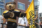 BOSTON, MA  - JUNE 18:  Blade, the mascot of the Boston Bruins, reacts during a Stanley Cup victory parade on June 18, 2011 in Boston, Massachusetts.  (Photo by Jim Rogash/Getty Images)
