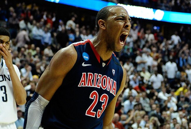 ANAHEIM, CA - MARCH 26:  Derrick Williams #23 of the Arizona Wildcats reacts after a dunk against of the Connecticut Huskies during the west regional final of the 2011 NCAA men's basketball tournament at the Honda Center on March 26, 2011 in Anaheim, California.  (Photo by Kevork Djansezian/Getty Images)