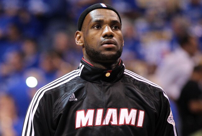 DALLAS, TX - JUNE 09:  LeBron James #6 of the Miami Heat looks on before taking on the Dallas Mavericks in Game Five of the 2011 NBA Finals at American Airlines Center on June 9, 2011 in Dallas, Texas.  NOTE TO USER: User expressly acknowledges and agrees that, by downloading and/or using this Photograph, user is consenting to the terms and conditions of the Getty Images License Agreement.  (Photo by Mike Ehrmann/Getty Images)