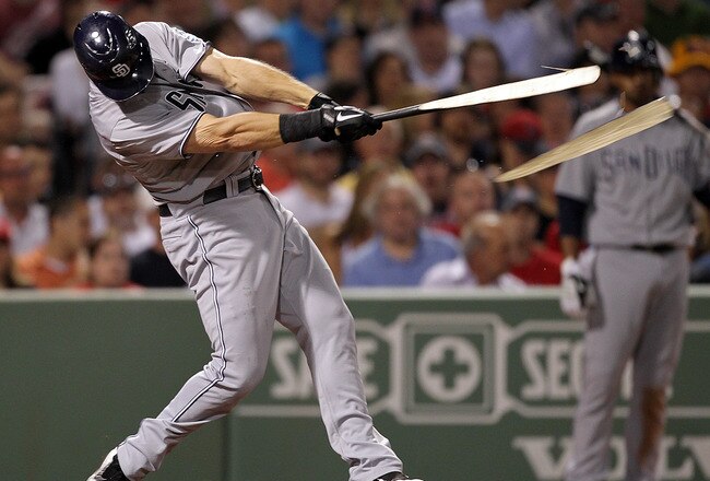 BOSTON, MA  - JUNE 20:  Ryan Ludwick #47 of the San Diego Padres connects for a broken-bat single during a game against the Boston Red Sox at Fenway Park on June 20, 2011 in Boston, Massachusetts.  (Photo by Jim Rogash/Getty Images)