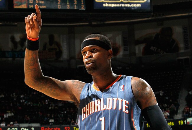 ATLANTA, GA - FEBRUARY 12:  Stephen Jackson #1 of the Charlotte Bobcats reacts after being called for a foul against the Atlanta Hawks at Philips Arena on February 12, 2011 in Atlanta, Georgia.  NOTE TO USER: User expressly acknowledges and agrees that, by downloading and/or using this Photograph, user is consenting to the terms and conditions of the Getty Images License Agreement.  (Photo by Kevin C. Cox/Getty Images)