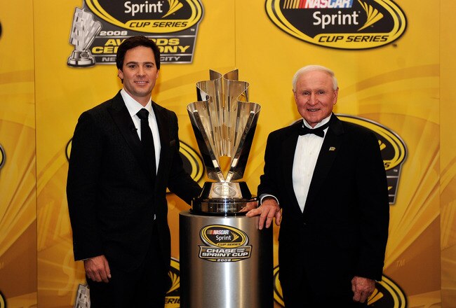 NEW YORK - DECEMBER 05:  (L-R) Three time cup series champions Jimmie Johnson and Cale yarborough pose after the NASCAR Sprint Cup Series Awards Ceremony at the Waldorf Astoria on December 5, 2008 in New York City.  (Photo by Rusty Jarrett/Getty Images for NASCAR)