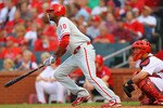 ST. LOUIS, MO - JUNE 23: Ben Francisco #10 of the Philadelphia Phillies hits a triple against the St. Louis Cardinals at Busch Stadium on June 23, 2011 in St. Louis, Missouri.  (Photo by Dilip Vishwanat/Getty Images)