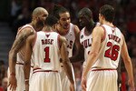 CHICAGO, IL - MAY 18:  (L-R) Carlos Boozer #5, Derrick Rose #1, Joakim Noah #13, Luol Deng #9 and Kyle Korver #26 of the Chicago Bulls huddle up against the Miami Heat in Game Two of the Eastern Conference Finals during the 2011 NBA Playoffs on May 18, 2011 at the United Center in Chicago, Illinois. NOTE TO USER: User expressly acknowledges and agrees that, by downloading and or using this photograph, User is consenting to the terms and conditions of the Getty Images License Agreement.  (Photo by Jonathan Daniel/Getty Images)