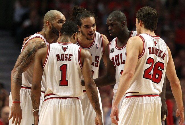 CHICAGO, IL - MAY 18:  (L-R) Carlos Boozer #5, Derrick Rose #1, Joakim Noah #13, Luol Deng #9 and Kyle Korver #26 of the Chicago Bulls huddle up against the Miami Heat in Game Two of the Eastern Conference Finals during the 2011 NBA Playoffs on May 18, 2011 at the United Center in Chicago, Illinois. NOTE TO USER: User expressly acknowledges and agrees that, by downloading and or using this photograph, User is consenting to the terms and conditions of the Getty Images License Agreement.  (Photo by Jonathan Daniel/Getty Images)