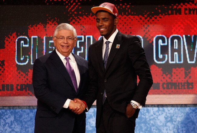 NEWARK, NJ - JUNE 23:  Kyrie Irving (R) from Duke greets NBA Commissioner David Stern after he was selected number one overall by the Cleveland Cavaliers in the first round during the 2011 NBA Draft at the Prudential Center on June 23, 2011 in Newark, New Jersey.  NOTE TO USER: User expressly acknowledges and agrees that, by downloading and/or using this Photograph, user is consenting to the terms and conditions of the Getty Images License Agreement.  (Photo by Mike Stobe/Getty Images)