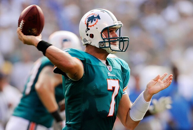 SAN DIEGO - SEPTEMBER 27:  Quarterback Chad Henne #7 of the Miami Dolphins who replaced injured quarterback Chad Pennington throws a pass against  the San Diego Chargers during the fourth quarter of the NFL football game on September 27, 2009 in San Diego, California.  (Photo by Kevork Djansezian/Getty Images)