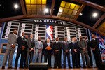 NEWARK, NJ - JUNE 23:  The 2011 Draft class including Kyrie Irving, Derrick Williams, Enes Kanter, Jonas Valanciunas, Brandon Knight, Jimmer Fredette and Kemba Walker pose for a group photo with NBA Commissioner David Stern (C) during the 2011 NBA Draft at the Prudential Center on June 23, 2011 in Newark, New Jersey.  NOTE TO USER: User expressly acknowledges and agrees that, by downloading and/or using this Photograph, user is consenting to the terms and conditions of the Getty Images License Agreement.  (Photo by Mike Stobe/Getty Images)