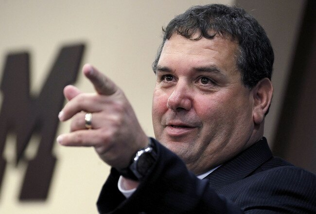 ANN ARBOR, MI - JANUARY 12:  New University of Michigan head football coach Brady Hoke speaks during his introductory press confrence at the Junge Family Champions Center on January 12, 2011 in Ann Arbor, Michigan.  (Photo by Gregory Shamus/Getty Images)