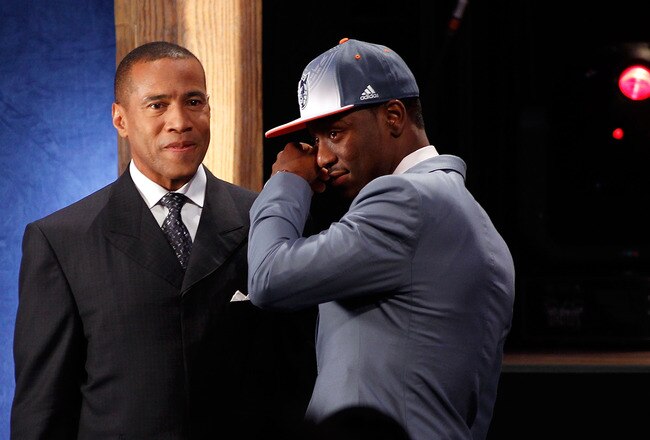 NEWARK, NJ - JUNE 23:  Kemba Walker from UCONN is overcome with emotion while he is interviewed by Mark Jones after he was selected #9 overall by the Charlotte Bobcats in the first round during the 2011 NBA Draft at the Prudential Center on June 23, 2011 in Newark, New Jersey.  NOTE TO USER: User expressly acknowledges and agrees that, by downloading and/or using this Photograph, user is consenting to the terms and conditions of the Getty Images License Agreement.  (Photo by Mike Stobe/Getty Images)