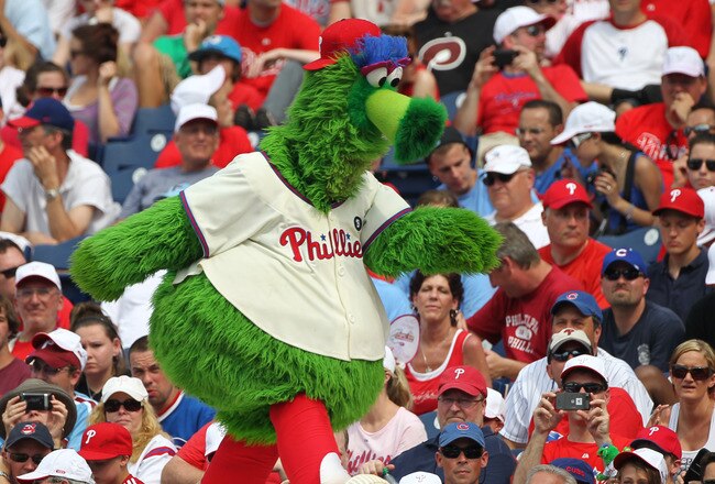 PHILADELPHIA - JUNE 12: The Phillie Phanatic performs during a game against the Chicago Cubs at Citizens Bank Park on June 12, 2011 in Philadelphia, Pennsylvania. The Phillies won 4-3. (Photo by Hunter Martin/Getty Images)