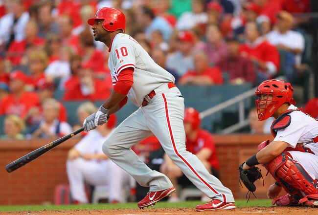 ST. LOUIS, MO - JUNE 23: Ben Francisco #10 of the Philadelphia Phillies hits a triple against the St. Louis Cardinals at Busch Stadium on June 23, 2011 in St. Louis, Missouri.  (Photo by Dilip Vishwanat/Getty Images)