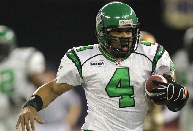 TORONTO, ON - NOVEMBER 25:  Kerry Joseph #4 of the Saskatchewan Rough Riders rushes against the Winnipeg Blue Bombers during the third quarter of the 95th Grey Cup on November 25, 2007 at the Rogers Centre in Toronto, Ontario, Canada.  (Photo by Harry How/Getty Images)