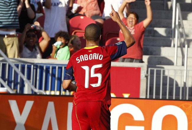 SANDY, UT - JUNE 25: Alvaro Saborio #15 of Real Salt Lake celebrates a goal against Toronto FC during the first half of an MLS soccer game June 25, 2011 at Rio Tinto Stadium in Sandy, Utah. (Photo by George Frey/Getty Images)