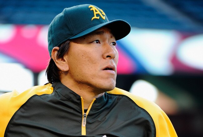 ANAHEIM, CA - MAY 25:  Designated hitter Hideki Matsui #55 of the Oakland Athletics against the Los Angeles Angels of Anaheim at Angel Stadium of Anaheim on May 25, 2011 in Anaheim, California.  (Photo by Kevork Djansezian/Getty Images)