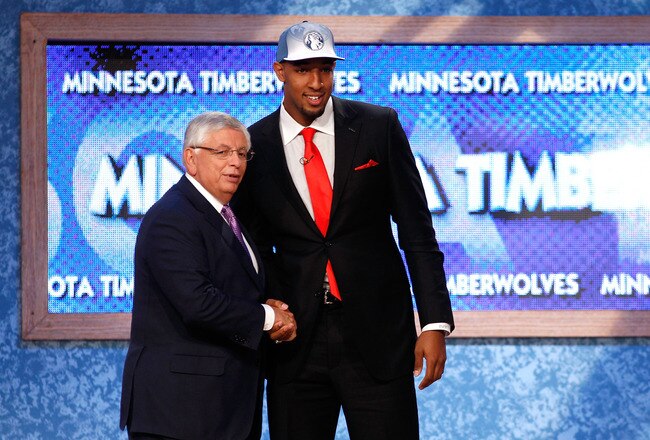 NEWARK, NJ - JUNE 23:  Derrick Williams (R) from Arizona greets NBA Commissioner David Stern after he was selected #2 overall by the Minnesota Timberwolves in the first round during the 2011 NBA Draft at the Prudential Center on June 23, 2011 in Newark, New Jersey.  NOTE TO USER: User expressly acknowledges and agrees that, by downloading and/or using this Photograph, user is consenting to the terms and conditions of the Getty Images License Agreement.  (Photo by Mike Stobe/Getty Images)