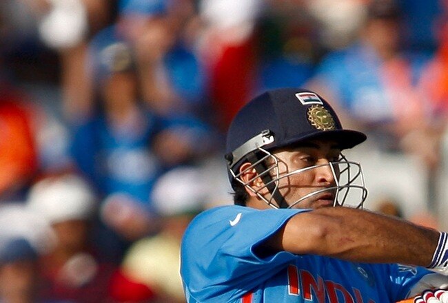 MOHALI, INDIA - MARCH 30:  M.S Dhoni of India batting during the 2011 ICC World Cup second Semi-Final between Pakistan and India at Punjab Cricket Association (PCA) Stadium on March 30, 2011 in Mohali, India.  (Photo by Graham Crouch/Getty Images)
