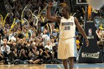 DENVER, CO - APRIL 25:  Raymond Felton #20 of the Denver Nuggets celebrates late in the fourth quarter against the Oklahoma City Thunder in Game Four of the Western Conference Quarterfinals in the 2011 NBA Playoffs on April 24, 2011 at the Pepsi Center in Denver, Colorado. The Nuggets defeated the Thunder 104-101. NOTE TO USER: User expressly acknowledges and agrees that, by downloading and or using this photograph, User is consenting to the terms and conditions of the Getty Images License Agreement.  (Photo by Doug Pensinger/Getty Images)