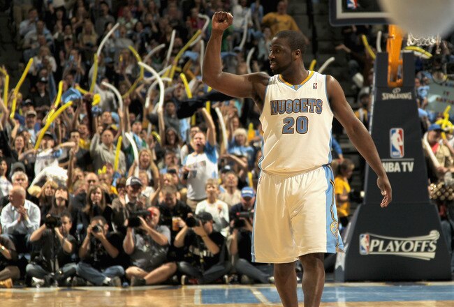 DENVER, CO - APRIL 25:  Raymond Felton #20 of the Denver Nuggets celebrates late in the fourth quarter against the Oklahoma City Thunder in Game Four of the Western Conference Quarterfinals in the 2011 NBA Playoffs on April 24, 2011 at the Pepsi Center in Denver, Colorado. The Nuggets defeated the Thunder 104-101. NOTE TO USER: User expressly acknowledges and agrees that, by downloading and or using this photograph, User is consenting to the terms and conditions of the Getty Images License Agreement.  (Photo by Doug Pensinger/Getty Images)