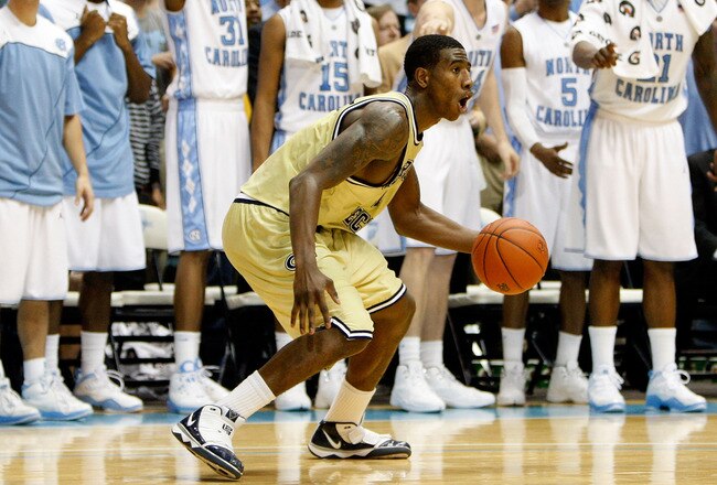 CHAPEL HILL, NC - JANUARY 16:  Iman Shumpert #1 of the Georgia Tech Yellow Jackets celebrates after a rebound and a 73-71 victory over the North Carolina Tar Heels during their game at the Dean Smith Center on January 16, 2010 in Chapel Hill, North Carolina.  (Photo by Streeter Lecka/Getty Images)
