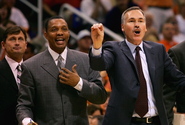 PHOENIX - MAY 22:  (L-R)Assistant coaches Phil Weber, Alvin Gentry, head coach Mike D'Antoni and assistant coach Marc Iavaroni of the Phoenix Suns call a play from the sidelines against the San Antonio Spurs in Game one of the Western Conference Finals during the 2005 NBA Playoffs at America West Arena on May 22, 2005 in Phoenix, Arizona.  The Spurs won 121-114.  NOTE TO USER: User expressly acknowledges and agrees that, by downloading and/or using this Photograph, user is consenting to the terms and conditions of the Getty Images License Agreement  (Photo by Elsa/Getty Images)