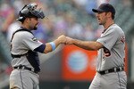 DENVER, CO - JUNE 19:  Catcher Alex Avila #13 and starting pitcher Justin Verlander #35 of the Detroit Tigers celebrate after their victory over the Colorado Rockies at Coors Field on June 19, 2011 in Denver, Colorado. Verlander pitched a complete game and earned the win as the Tigers defeated the Rockies 9-1.  (Photo by Doug Pensinger/Getty Images)