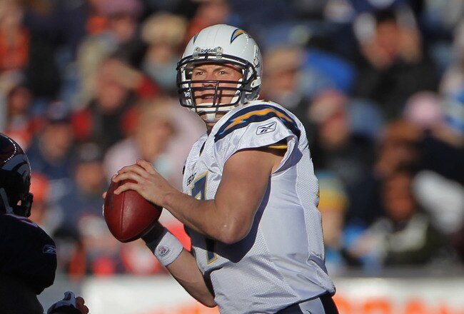 DENVER - JANUARY 02:  Quarterback Philip Rivers #17 of the San Diego Chargers looks to deliver a pass against the Denver Broncos at INVESCO Field at Mile High on January 2, 2011 in Denver, Colorado. The Chargers defeated the Broncos 33-28.  (Photo by Doug Pensinger/Getty Images)