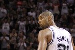 SAN ANTONIO, TX - APRIL 20:  Forward Tim Duncan #21 of the San Antonio Spurs walks off the court after fouling out against the Memphis Grizzlies in Game Two of the Western Conference Quarterfinals in the 2011 NBA Playoffs on April 20, 2011 at AT&T Center in San Antonio, Texas.  NOTE TO USER: User expressly acknowledges and agrees that, by downloading and or using this photograph, User is consenting to the terms and conditions of the Getty Images License Agreement.  (Photo by Ronald Martinez/Getty Images)