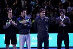 LONDON, ENGLAND - NOVEMBER 21:  (L-R) Andy Murray of Great Britain, Novak Djokovic of Siberia, Roger Federer of Switzerland and Rafael Nadal of Spain attend a ceremony for Carlos Moya's retirement during the Barclays ATP World Tour Finals at O2 Arena on November 21, 2010 in London, England.  (Photo by Clive Brunskill/Getty Images)