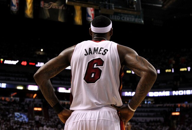 MIAMI, FL - JUNE 12:  LeBron James #6 of the Miami Heat stands on court against the Dallas Mavericks in Game Six of the 2011 NBA Finals at American Airlines Arena on June 12, 2011 in Miami, Florida. NOTE TO USER: User expressly acknowledges and agrees that, by downloading and/or using this Photograph, user is consenting to the terms and conditions of the Getty Images License Agreement.  (Photo by Mike Ehrmann/Getty Images)