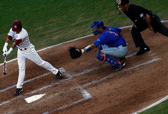 OMAHA, NE - JUNE 28:  Peter Mooney #6 of the South Carolina Gamecocks hits a double against the Florida Gators during game 2 of the men's 2011 NCAA College Baseball World Series at TD Ameritrade Park Omaha on June 28, 2011 in Omaha, Nebraska.  (Photo by Ronald Martinez/Getty Images)