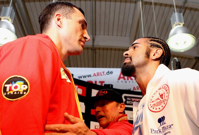 HAMBURG, GERMANY - JUNE 27:  Wladimir Klitschko (L) and David Haye attend a press conference on June 27, 2011 in Hamburg, Germany to preview the heavy weight title fight between them which will be held on the 2nd July 2011 at the Imtech Arena.  (Photo by Scott Heavey/Getty Images)