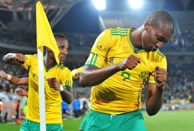 POLOKWANE, SOUTH AFRICA - MAY 31:  Katlego Mphela of Bafana celebrates after scoring a goal from the penalty spot during the International Friendly match between South Africa and Guatemala at the Peter Mokaba Stadium on May 31, 2010 in Polokwane, South Africa.  (Photo by Duif du Toit/Gallo Images/Getty Images)
