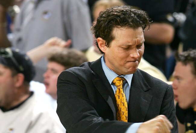 COLUMBIA, MO - MARCH 6:  Head coach Quinn Snyder of Missouri reacts after his player, Kevin Young, gets his fifth foul of the game on March 6, 2005 at Mizzou Arena in Columbia, Missouri. The Missiouri Tigers defeated the Kansas Jayhawks 72-68.  (Photo by Elsa/Getty Images)