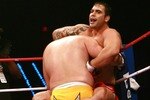 HOLLYWOOD, FL - SEPTEMBER 20:  Ricco Rodriguez (red trunks) fights against Ben Rothwell (yellow trunks) during their heavyweight bout during the IFL finals at the Seminole Hard Rock Casino on September 20, 2007 in Hollywood, Florida.  (Photo by Doug Benc/Getty Images for IFL)