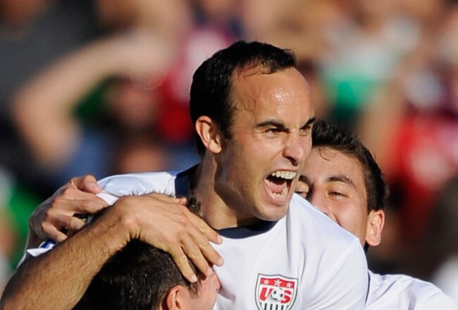 PASADENA, CA - JUNE 25:  Landon Donovan #10 of United States celebrates his goal with teammates Carlos Bocanegra #3 and Alejandro Bedoya #22  against Mexico during the 2011 CONCACAF Gold Cup Championship at the Rose Bowl on June 25, 2011 in Pasadena, California.  (Photo by Kevork Djansezian/Getty Images)