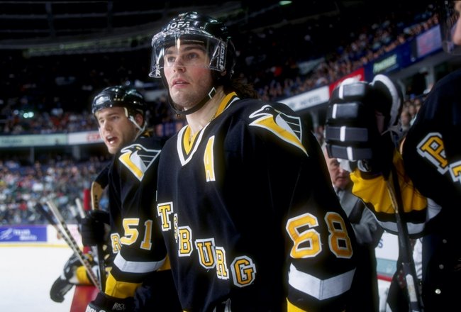 Undated:  Jagomir Jagr of the Pittsburgh Penguins Looks on during a game against the Calgary Flames at the Canadien Airlines Saddledome in Calgary, Canada. Mandatory Credit: Ian Tomlinson  /Allsport