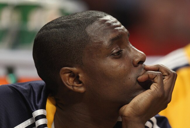CHICAGO, IL - APRIL 26: Darren Collison #2 of the Indiana Pacers watches his teammates take on the Chicago Bulls from the bench in Game Five of the Eastern Conference Quarterfinals in the 2011 NBA Playoffs at the United Center on April 26, 2011 in Chicago, Illinois. The Bulls defeated the Pacers 116-89. NOTE TO USER: User expressly acknowledges and agrees that, by downloading and/or using this photograph, User is consenting to the terms and conditions of the Getty Images License Agreement.  (Photo by Jonathan Daniel/Getty Images)