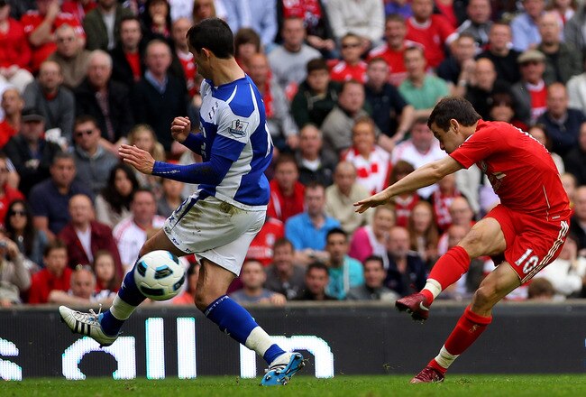 LIVERPOOL, ENGLAND - APRIL 23:  Joe Cole of Liverpool scores his team's fifth goal during the Barclays Premier League match between Liverpool and Birmingham City at Anfield on April 23, 2011 in Liverpool, England.  (Photo by Clive Brunskill/Getty Images)