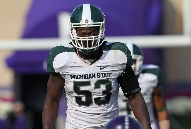 EVANSTON, IL - OCTOBER 23: Greg Jones #53 of the Michigan State Spartans awaits the start of play against the Northwestern Wildcats at Ryan Field on October 23, 2010 in Evanston, Illinois. Michigan State defeated Northwestern 35-27. (Photo by Jonathan Daniel/Getty Images)