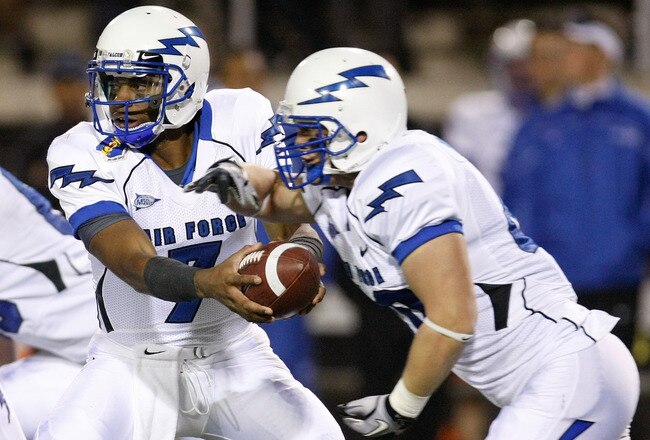 LAS VEGAS - NOVEMBER 18:  Quarterback Tim Jefferson Jr. #7 of the Air Force Falcons hands the ball off to Ryan Southworth #40 during a game against the UNLV Rebels at Sam Boyd Stadium November 18, 2010 in Las Vegas, Nevada. Air Force won 35-20.  (Photo by Ethan Miller/Getty Images)