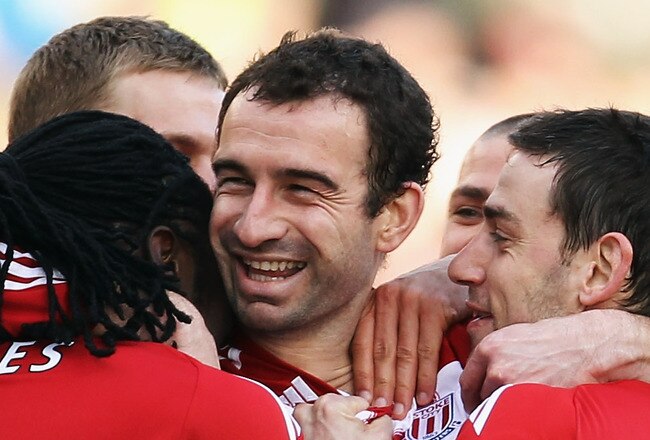 STOKE ON TRENT, ENGLAND - MARCH 19:  Danny Higginbotham of Stoke City celebrates scoring during the Barclays Premier League match between Stoke City and Newcastle United at Britannia Stadium on March 19, 2011 in Stoke on Trent, England.  (Photo by Bryn Lennon/Getty Images)