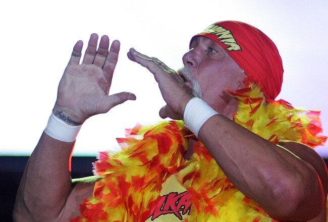 PERTH, AUSTRALIA - NOVEMBER 24:  Hulk Hogan enters the stage prior to his bout against Ric Flair during the Hulkamania Tour at the Burswood Dome on November 24, 2009 in Perth, Australia.  (Photo by Paul Kane/Getty Images)