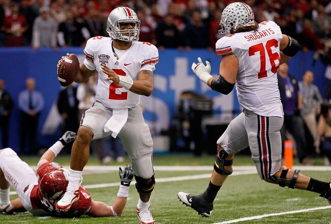 NEW ORLEANS, LA - JANUARY 04:  Quarterback Terrelle Pryor #2 of the Ohio State Buckeyes looks to run against the Arkansas Razorbacks during the Allstate Sugar Bowl at the Louisiana Superdome on January 4, 2011 in New Orleans, Louisiana.  (Photo by Kevin C. Cox/Getty Images)