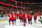 WASHINGTON, DC - APRIL 23:  Members of the Washington Capitals salute their fans as they defeated the New York Rangers 3-1 in Game Five of the Eastern Conference Quarterfinals during the 2011 NHL Stanley Cup Playoffs at the Verizon Center on April 23, 2011 in Washington, DC.  (Photo by Len Redkoles/Getty Images)