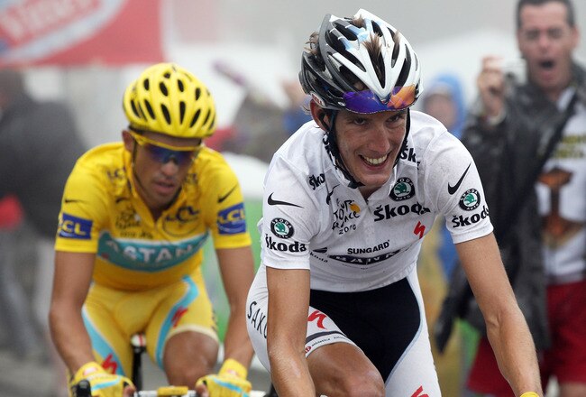 COL DU TOURMALET, FRANCE - JULY 22:  Andy Schleck of Luxembourg and Team Saxo Bank is followed by Alberto Contador of Spain and the Astana Team as he attacks up the slopes of the Col du Tourmalet during stage seventeen of the 2010 Tour de France from Pau to Col du Tourmalet on July 22, 2010 on the Col du Tourmalet, France.  (Photo by Bryn Lennon/Getty Images)