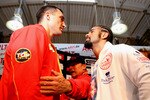 HAMBURG, GERMANY - JUNE 27:  Wladimir Klitschko (L) and David Haye attend a press conference on June 27, 2011 in Hamburg, Germany to preview the heavy weight title fight between them which will be held on the 2nd July 2011 at the Imtech Arena.  (Photo by Scott Heavey/Getty Images)